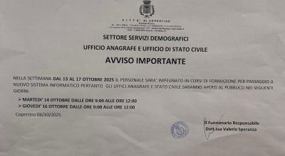 Orario degli Uffici  Anagrafe e Stato Civile nella settimana dal 13 ottobre 2...