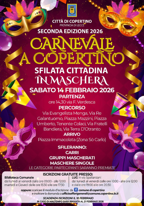 Carnevale a Copertino 2026 Seconda Edizione - 14 febbraio 2026