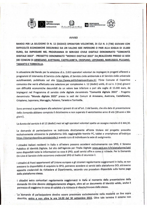 PROGRAMMA DI SERVIZIO CIVILE DIGITALE DENOMINATO COMUNITA' DIGITALE 202...