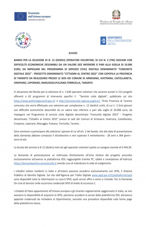 PROGRAMMA DI SERVIZIO CIVILE DIGITALE DENOMINATO COMUNITA' DIGITALE 202...