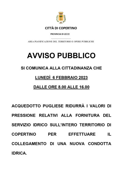 Riduzione pressione idrica per il giorno 6 febbraio 2023