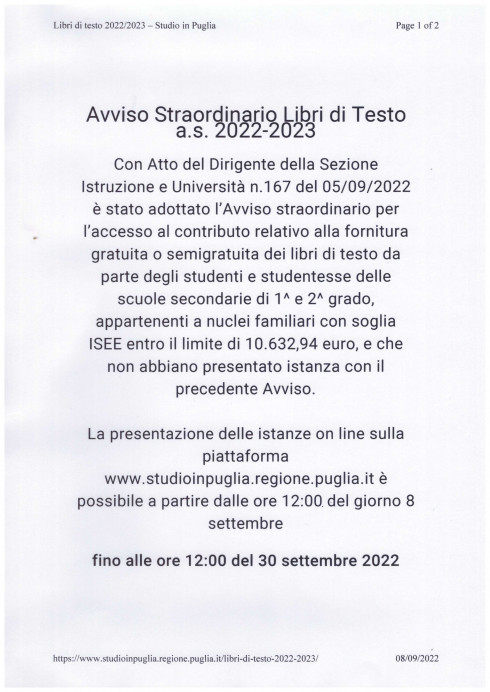 AVVISO STRAORDINARIO CONTRIBUTO LIBRI DI TESTO A.S. 2022-2023