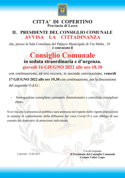 Convocazione del Consiglio Comunale 