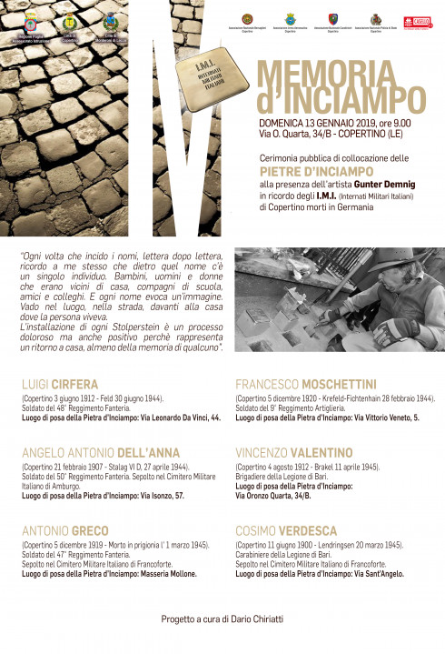 PIETRE D'INCIAMPO - Collocazione Domenica 13-1-2019 ore 9.00 Via O.Quarta, 34/B - Copertino