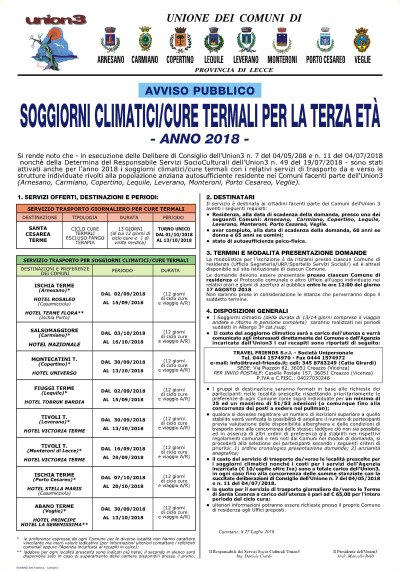 SOGGIORNI CLIMATICI/CURE TERMALI PER LA TERZA ETÀ