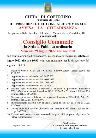 Convocazione del Consiglio Comunale 