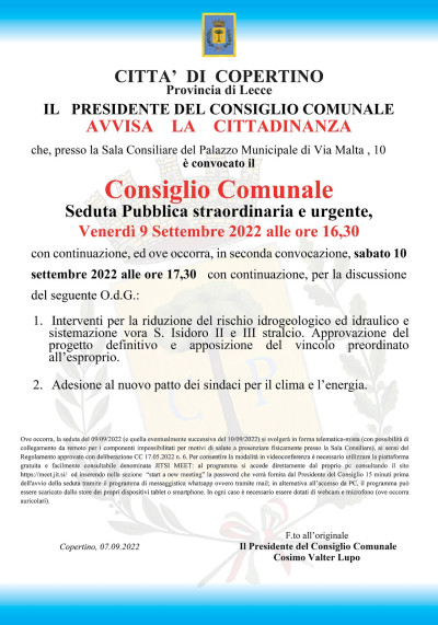 Convocazione del Consiglio Comunale 