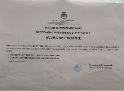 Orario degli Uffici Anagrafe e Stato Civile nella settimana dal 13 ottobre 2...