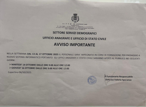 Orario degli Uffici Anagrafe e Stato Civile nella settimana dal 13 ottobre 2...