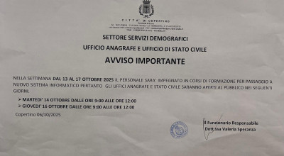 Orario degli Uffici  Anagrafe e Stato Civile nella settimana dal 13 ottobre 2...
