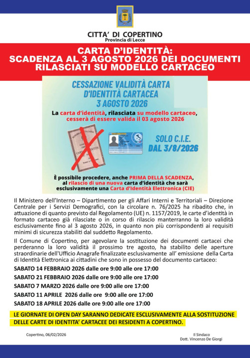Rinnovo della carta di identit&agrave; cartacea prima del prossimo 3 agosto. ...