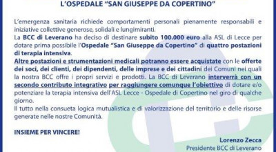 Emergenza Coronavirus . Iniziativa della Banca di Credito Cooperativo di Leve...