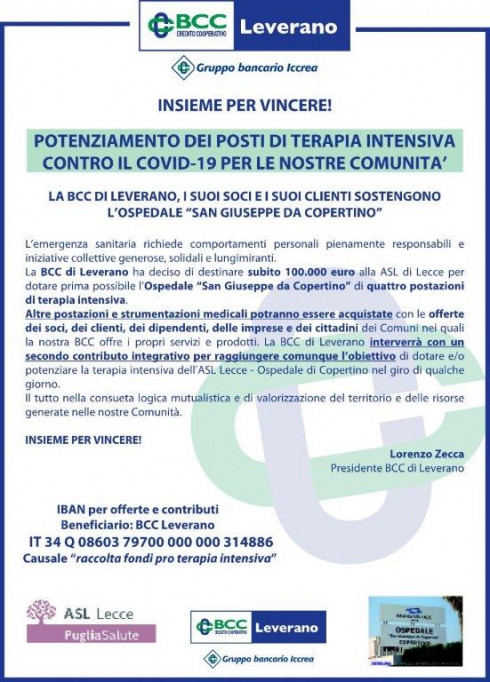 Emergenza Coronavirus . Iniziativa della Banca di Credito Cooperativo di Leverano a sostegno dell'Ospedale di Copertino