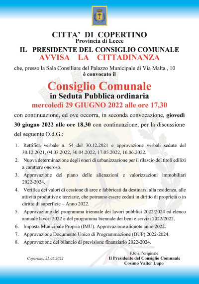 Convocazione del Consiglio Comunale 