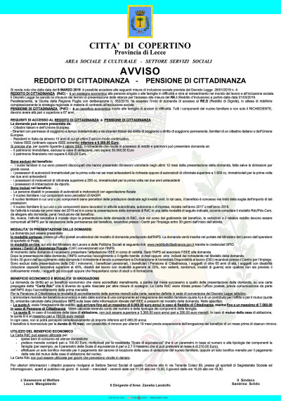 REDDITO DI CITTADINANZA - PENSIONE DI CITTADINANZA - AVVISO